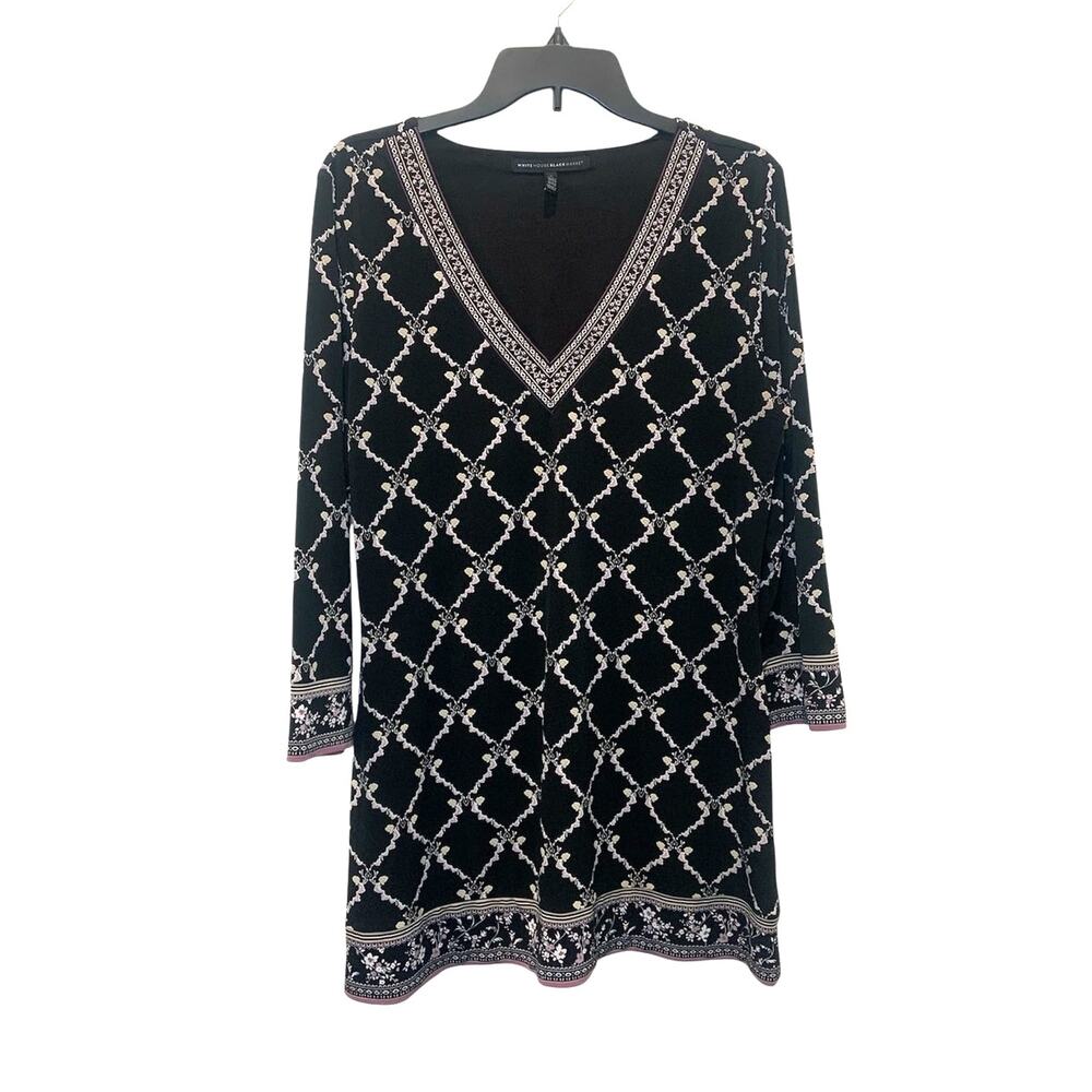 White House Black Market Black Matte Chain link Floral Tile Jersey Tunic Size L